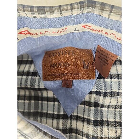 Coyote Mood Shirt Mens Large White/Blue Square Plaid Long Sleeve Snap Western - Picture 5 of 13